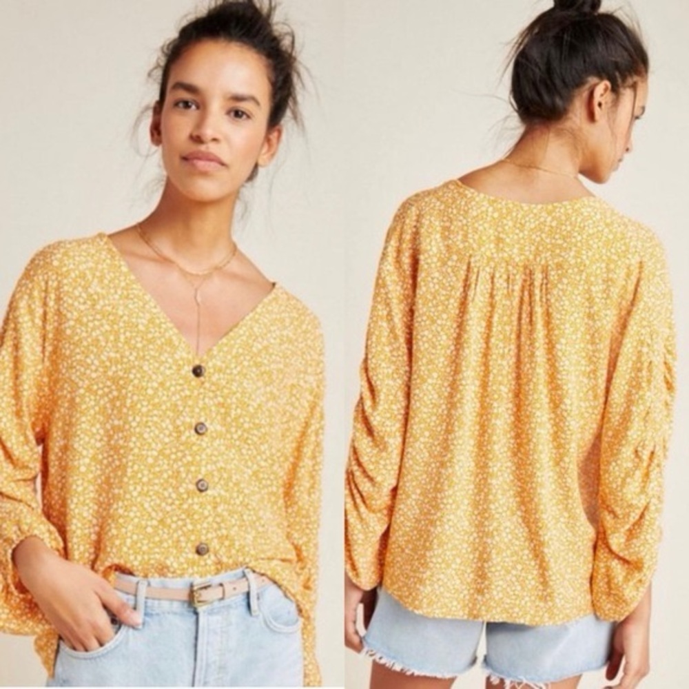 Anthropologie | Maeve Mustard Floral Print Ruched Long Sleeve Venice Blouse